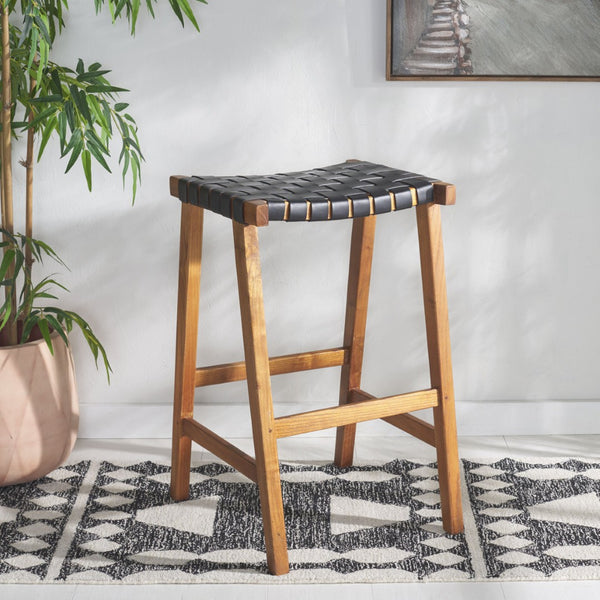 Safavieh Abreu Coastal-Inspired Rectangle Barstool With Woven Leather Seat And Natural Wood Frame For Style Black / Natural BST1012E