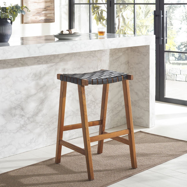 Safavieh Abreu Coastal-Inspired Rectangle Barstool With Woven Leather Seat And Natural Wood Frame For Style Black / Natural BST1012E