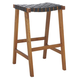 Safavieh Abreu Coastal-Inspired Rectangle Barstool With Woven Leather Seat And Natural Wood Frame For Style Black / Natural BST1012E
