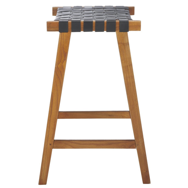 Safavieh Abreu Coastal-Inspired Rectangle Barstool With Woven Leather Seat And Natural Wood Frame For Style Black / Natural BST1012E
