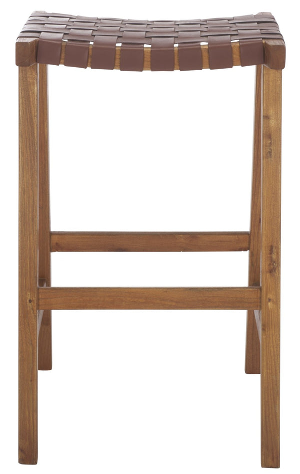 Safavieh Abreu Coastal-Inspired Rectangle Barstool With Woven Leather Seat And Natural Wood Frame For Style Cognac / Natural BST1012F