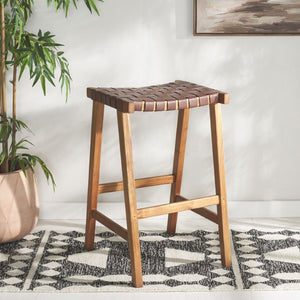 Safavieh Abreu Coastal-Inspired Rectangle Barstool With Woven Leather Seat And Natural Wood Frame For Style Cognac / Natural BST1012F