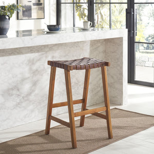 Safavieh Abreu Coastal-Inspired Rectangle Barstool With Woven Leather Seat And Natural Wood Frame For Style Cognac / Natural BST1012F