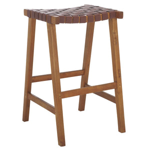 Safavieh Abreu Coastal-Inspired Rectangle Barstool With Woven Leather Seat And Natural Wood Frame For Style Cognac / Natural BST1012F