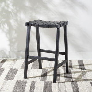 Safavieh Abreu Coastal-Inspired Rectangle Barstool With Woven Leather Seat And Natural Wood Frame For Style Black BST1012G