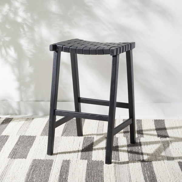 Safavieh Abreu Coastal-Inspired Rectangle Barstool With Woven Leather Seat And Natural Wood Frame For Style Black BST1012G