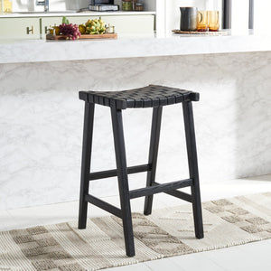 Safavieh Abreu Coastal-Inspired Rectangle Barstool With Woven Leather Seat And Natural Wood Frame For Style Black BST1012G