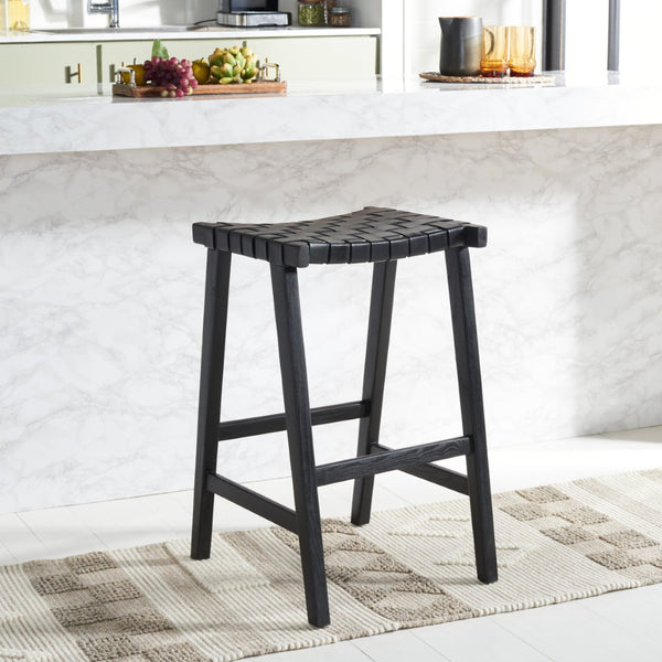 Safavieh Abreu Coastal-Inspired Rectangle Barstool With Woven Leather Seat And Natural Wood Frame For Style Black BST1012G