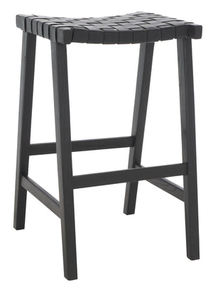 Safavieh Abreu Coastal-Inspired Rectangle Barstool With Woven Leather Seat And Natural Wood Frame For Style Black BST1012G