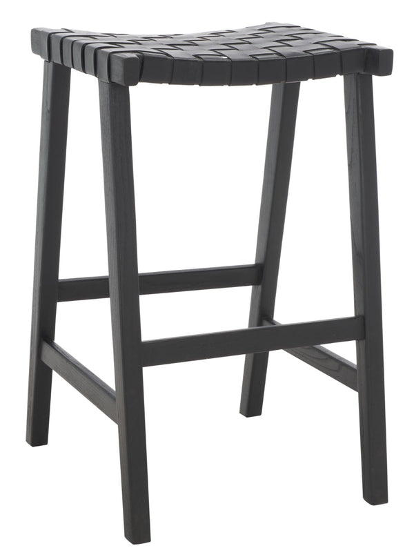 Safavieh Abreu Coastal-Inspired Rectangle Barstool With Woven Leather Seat And Natural Wood Frame For Style Black BST1012G