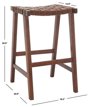 Safavieh Abreu Coastal-Inspired Rectangle Barstool With Woven Leather Seat And Natural Wood Frame For Style Cognac / Walnut BST1012H