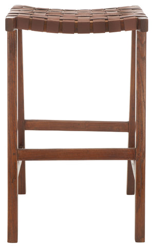 Safavieh Abreu Coastal-Inspired Rectangle Barstool With Woven Leather Seat And Natural Wood Frame For Style Cognac / Walnut BST1012H