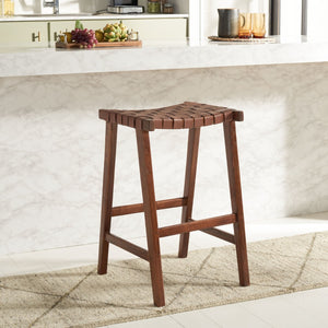 Safavieh Abreu Coastal-Inspired Rectangle Barstool With Woven Leather Seat And Natural Wood Frame For Style Cognac / Walnut BST1012H