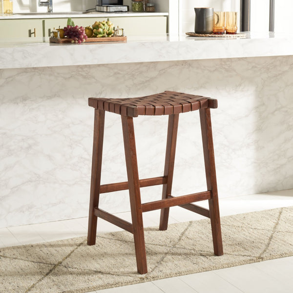 Safavieh Abreu Coastal-Inspired Rectangle Barstool With Woven Leather Seat And Natural Wood Frame For Style Cognac / Walnut BST1012H