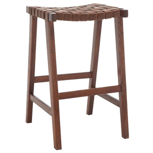 Safavieh Abreu Coastal-Inspired Rectangle Barstool With Woven Leather Seat And Natural Wood Frame For Style Cognac / Walnut BST1012H