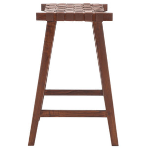 Safavieh Abreu Coastal-Inspired Rectangle Barstool With Woven Leather Seat And Natural Wood Frame For Style Cognac / Walnut BST1012H
