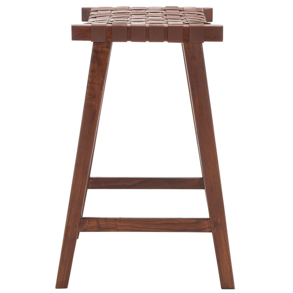 Safavieh Abreu Coastal-Inspired Rectangle Barstool With Woven Leather Seat And Natural Wood Frame For Style Cognac / Walnut BST1012H