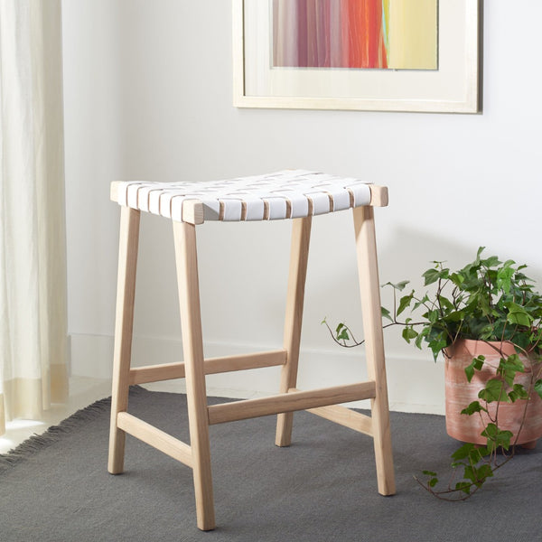 Safavieh Abreu Rectangle Counter Stool - Coastal Chic Design With Woven Leather Seat And Durable Wood Frame White / Light Natural BST1013A