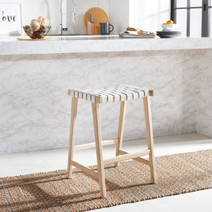 Safavieh Abreu Rectangle Counter Stool - Coastal Chic Design With Woven Leather Seat And Durable Wood Frame White / Light Natural BST1013A