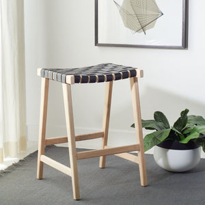 Safavieh Abreu Rectangle Counter Stool - Coastal Chic Design With Woven Leather Seat And Durable Wood Frame Black / Light Natural BST1013B