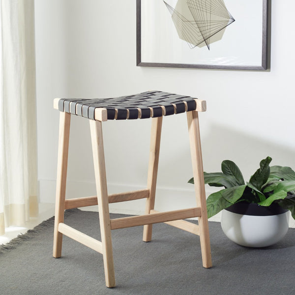 Safavieh Abreu Rectangle Counter Stool - Coastal Chic Design With Woven Leather Seat And Durable Wood Frame Black / Light Natural BST1013B