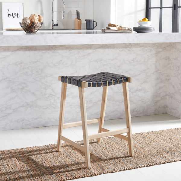 Safavieh Abreu Rectangle Counter Stool - Coastal Chic Design With Woven Leather Seat And Durable Wood Frame Black / Light Natural BST1013B