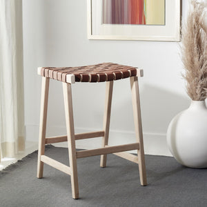 Safavieh Abreu Rectangle Counter Stool - Coastal Chic Design With Woven Leather Seat And Durable Wood Frame Cognac / Light Natural BST1013C