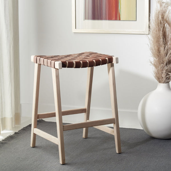 Safavieh Abreu Rectangle Counter Stool - Coastal Chic Design With Woven Leather Seat And Durable Wood Frame Cognac / Light Natural BST1013C