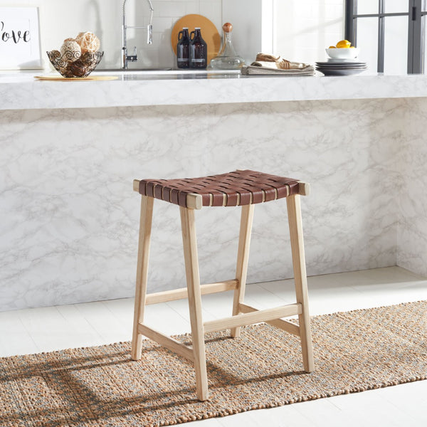 Safavieh Abreu Rectangle Counter Stool - Coastal Chic Design With Woven Leather Seat And Durable Wood Frame Cognac / Light Natural BST1013C