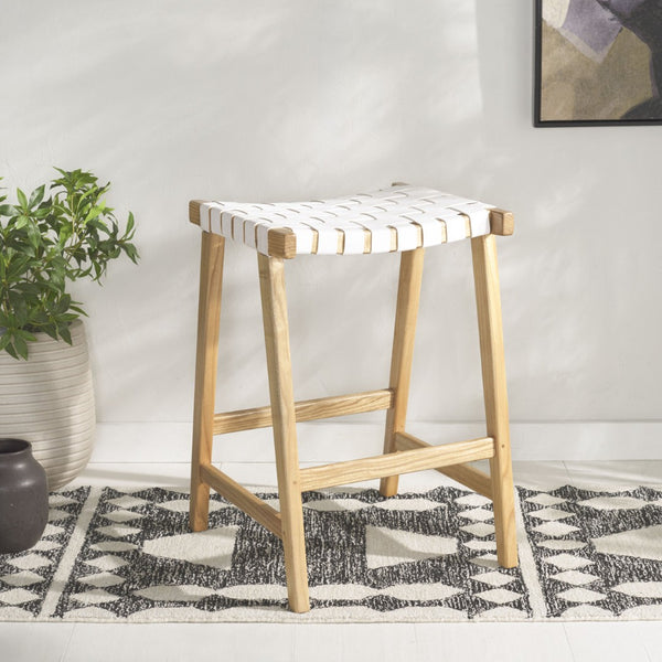 Safavieh Abreu Rectangle Counter Stool - Coastal Chic Design With Woven Leather Seat And Durable Wood Frame White / Natural BST1013D