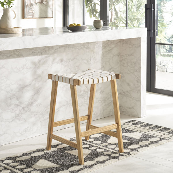 Safavieh Abreu Rectangle Counter Stool - Coastal Chic Design With Woven Leather Seat And Durable Wood Frame White / Natural BST1013D