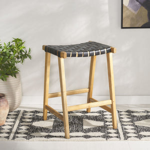 Safavieh Abreu Rectangle Counter Stool - Coastal Chic Design With Woven Leather Seat And Durable Wood Frame Black  / Natural BST1013E