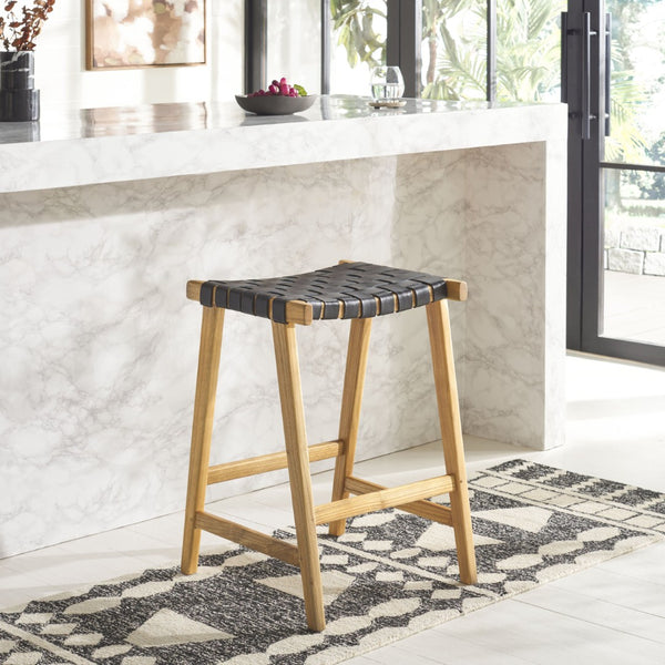 Safavieh Abreu Rectangle Counter Stool - Coastal Chic Design With Woven Leather Seat And Durable Wood Frame Black  / Natural BST1013E