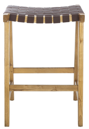 Safavieh Abreu Rectangle Counter Stool - Coastal Chic Design With Woven Leather Seat And Durable Wood Frame Cognac / Nautral BST1013F