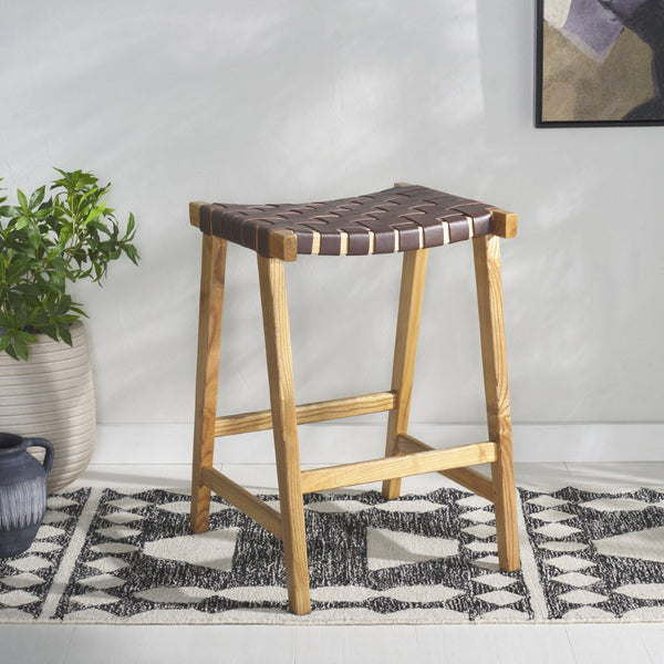 Safavieh Abreu Rectangle Counter Stool - Coastal Chic Design With Woven Leather Seat And Durable Wood Frame Cognac / Nautral BST1013F