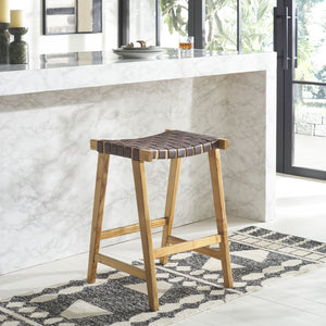 Safavieh Abreu Rectangle Counter Stool - Coastal Chic Design With Woven Leather Seat And Durable Wood Frame Cognac / Nautral BST1013F