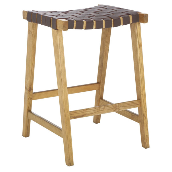 Safavieh Abreu Rectangle Counter Stool - Coastal Chic Design With Woven Leather Seat And Durable Wood Frame Cognac / Nautral BST1013F