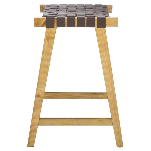 Safavieh Abreu Rectangle Counter Stool - Coastal Chic Design With Woven Leather Seat And Durable Wood Frame Cognac / Nautral BST1013F