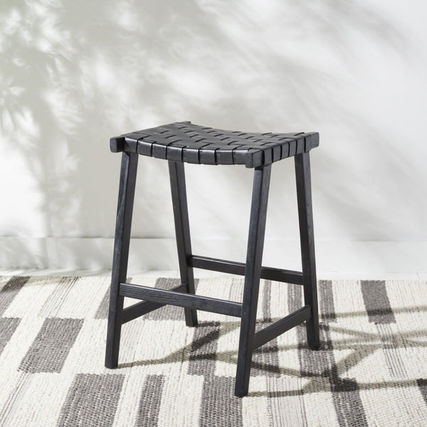Safavieh Abreu Rectangle Counter Stool - Coastal Chic Design With Woven Leather Seat And Durable Wood Frame Black BST1013G