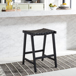 Safavieh Abreu Rectangle Counter Stool - Coastal Chic Design With Woven Leather Seat And Durable Wood Frame Black BST1013G