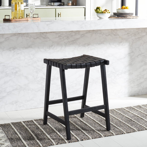Safavieh Abreu Rectangle Counter Stool - Coastal Chic Design With Woven Leather Seat And Durable Wood Frame Black BST1013G