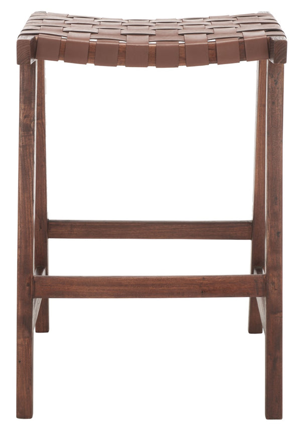 Safavieh Abreu Rectangle Counter Stool - Coastal Chic Design With Woven Leather Seat And Durable Wood Frame Cognac / Walnut BST1013H