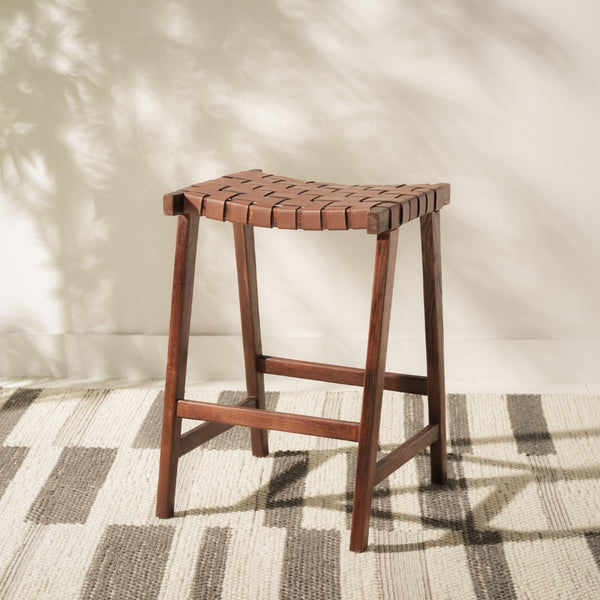 Safavieh Abreu Rectangle Counter Stool - Coastal Chic Design With Woven Leather Seat And Durable Wood Frame Cognac / Walnut BST1013H