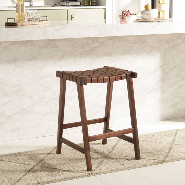 Safavieh Abreu Rectangle Counter Stool - Coastal Chic Design With Woven Leather Seat And Durable Wood Frame Cognac / Walnut BST1013H