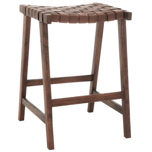 Safavieh Abreu Rectangle Counter Stool - Coastal Chic Design With Woven Leather Seat And Durable Wood Frame Cognac / Walnut BST1013H