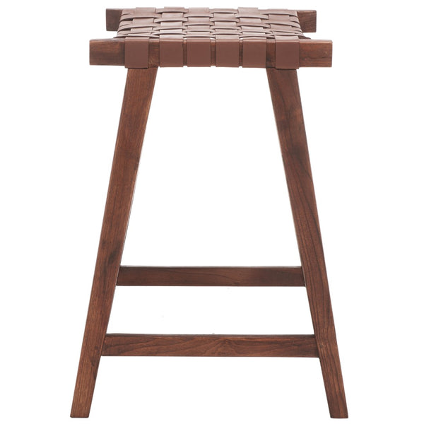 Safavieh Abreu Rectangle Counter Stool - Coastal Chic Design With Woven Leather Seat And Durable Wood Frame Cognac / Walnut BST1013H