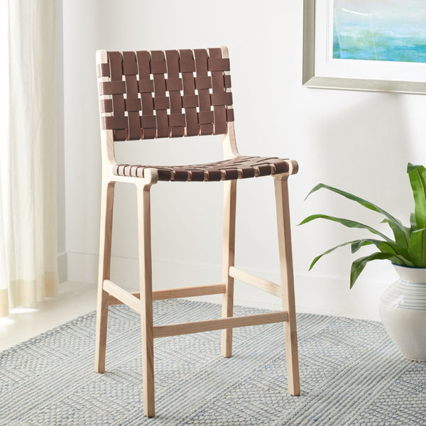 Safavieh Adah Leather Counter Stool - Coastal Charm With Open Wood Frame And Woven Leather For Timeless Style Cognac / Natural Unfinished BST1015A
