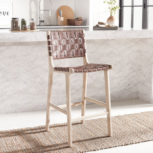 Safavieh Adah Leather Counter Stool - Coastal Charm With Open Wood Frame And Woven Leather For Timeless Style Cognac / Natural Unfinished BST1015A