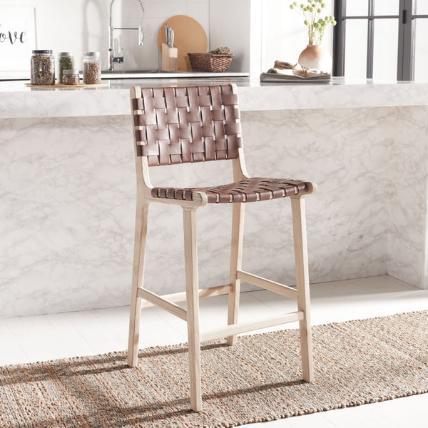 Safavieh Adah Leather Counter Stool - Coastal Charm With Open Wood Frame And Woven Leather For Timeless Style Cognac / Natural Unfinished BST1015A