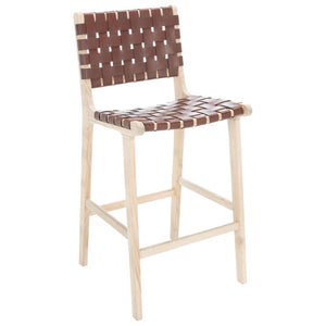 Safavieh Adah Leather Counter Stool - Coastal Charm With Open Wood Frame And Woven Leather For Timeless Style Cognac / Natural Unfinished BST1015A
